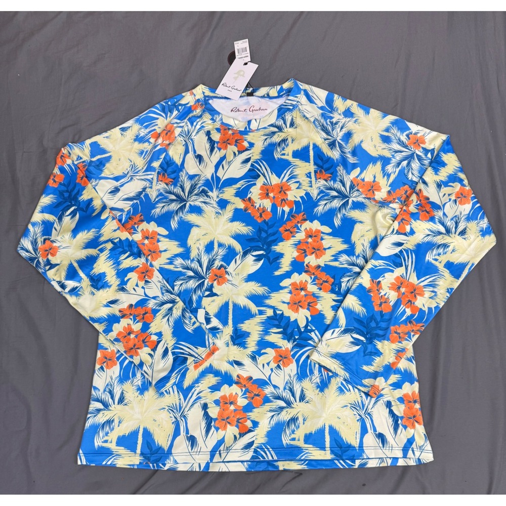 Robert Graham Mens Large Tropical Forest Rash Guard Azure Blue UPF 50+